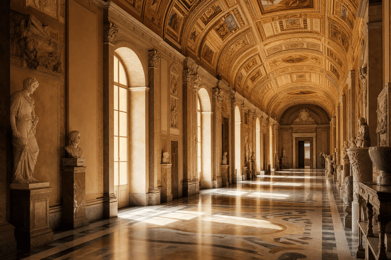 Vatican Museums gallery with classical sculptures at first light