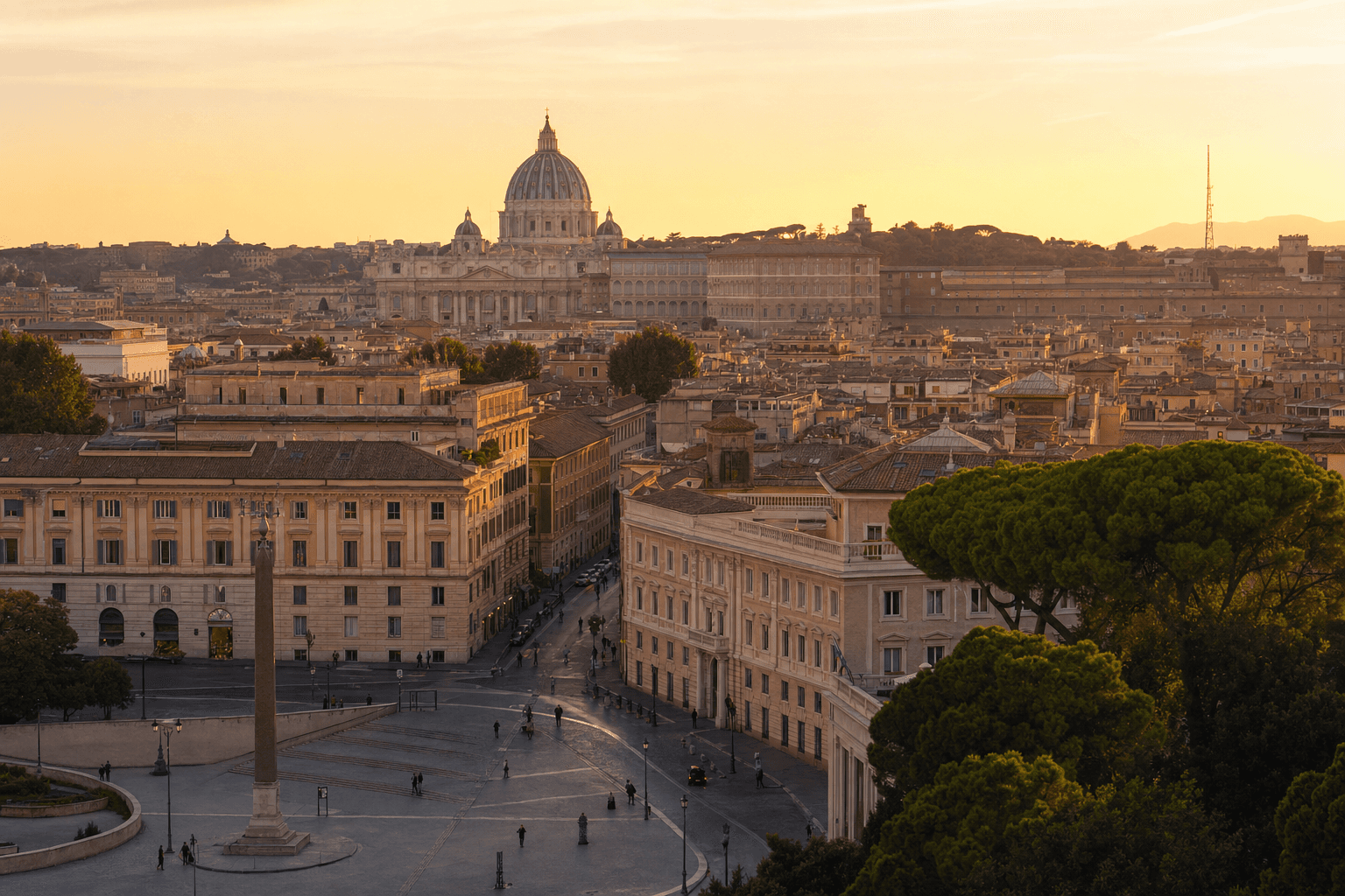 Panoramic view of Rome at golden hour with St. Peter's dome