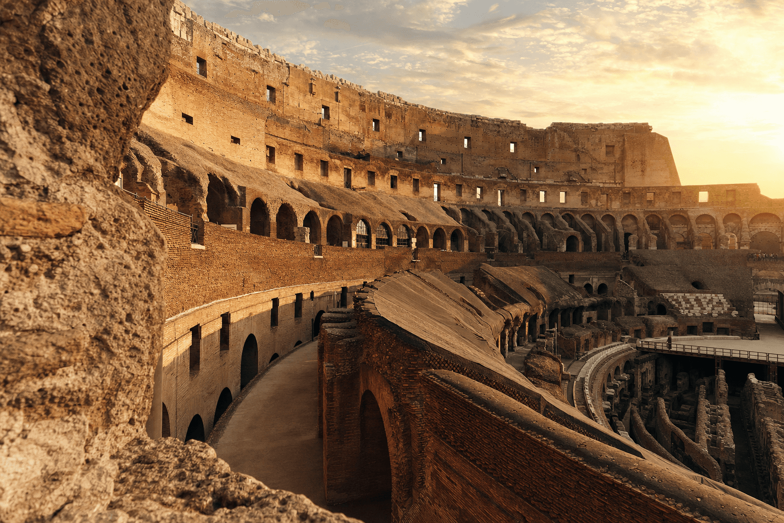 Colosseum arena floor and ancient stone arches at golden hour